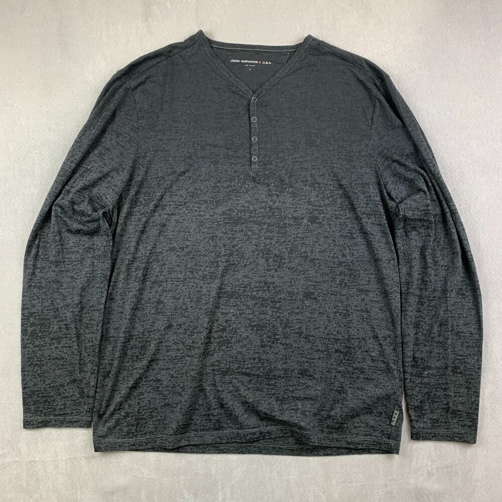 John Varvatos Mens Shirt Large Black Distressed Henley Long Sleeve Burnout Rock